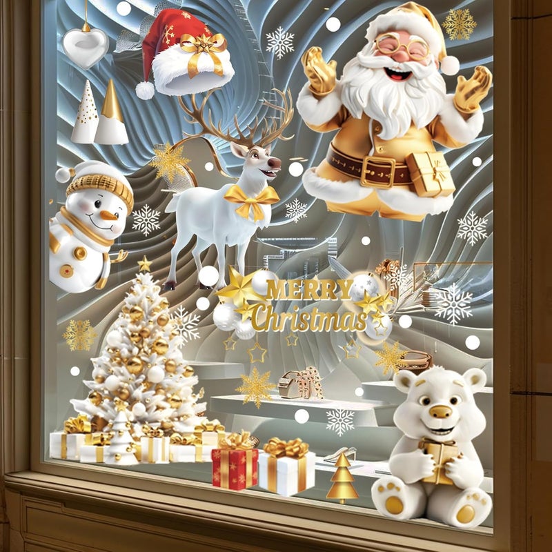 DADILL Christmas Window Clings - 159 PCS Double-Side Decorations for Glass Windows, 3D Golden Santa Claus Xmas Decals for Indoor Shop Party Decor, New Year White Stickers Supplies - Image 5